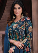 Blue Premium Hand Work Alia cut Kurti pant Set in Blue